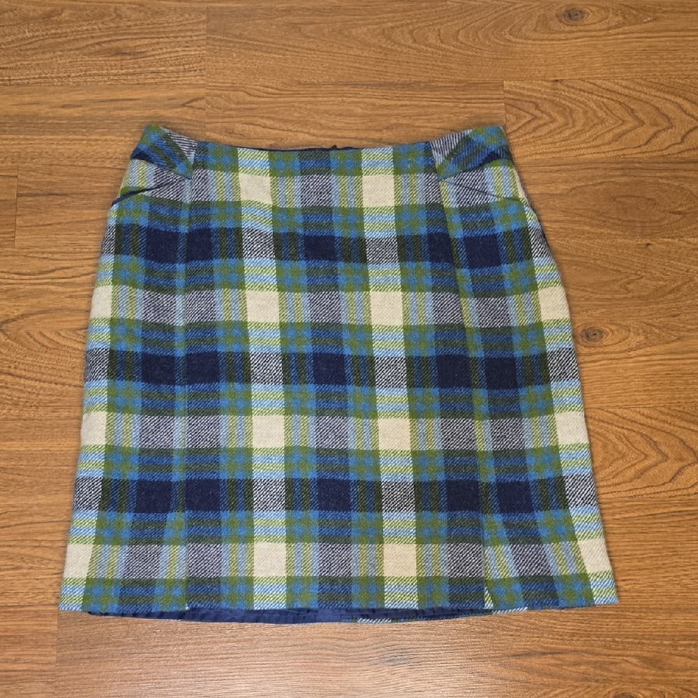 Boden British Tweed by Moon Wool Plaid Skirt Blue Green Tartan Pocket Lined 12L